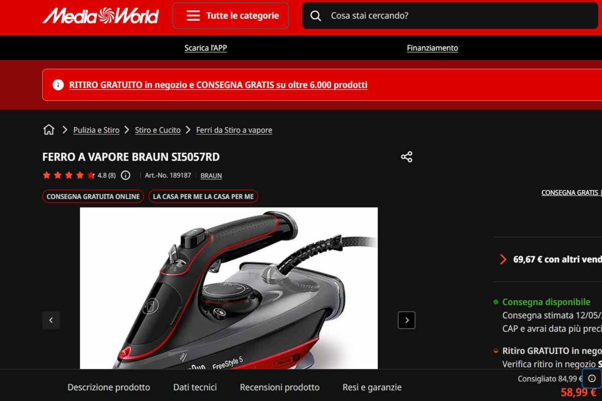 Offerta Mediaworld ferro a vapore