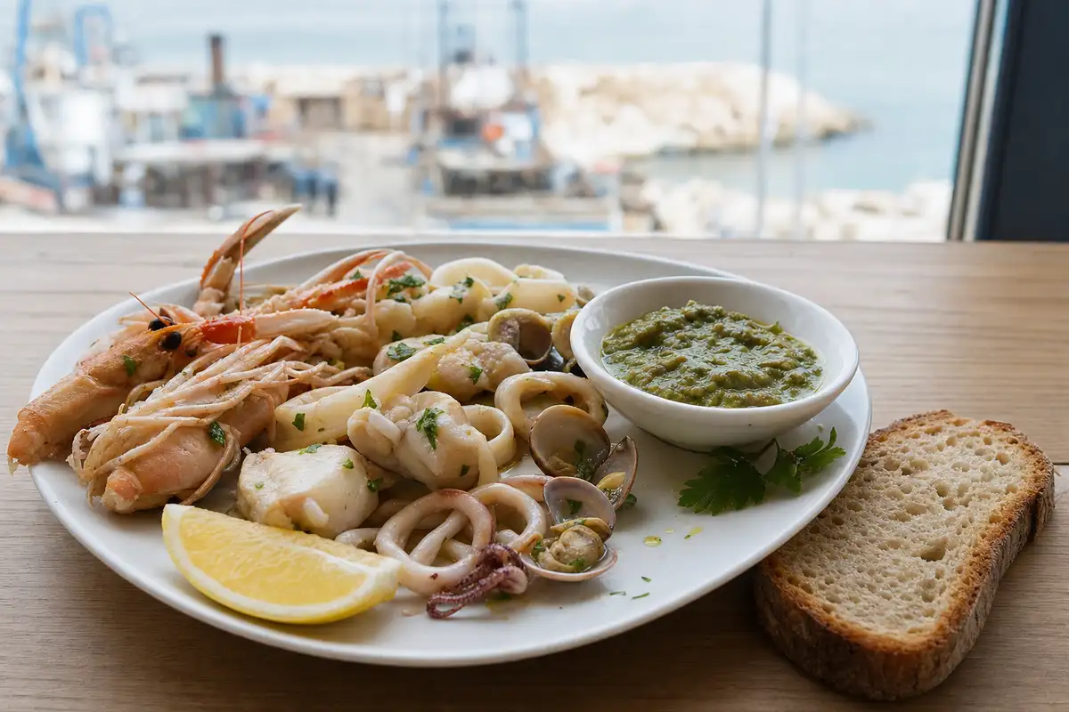 Antipasto di mare con scampi, calamari, vongole e pesce bianco, salsa verde in ciotola e fetta di limone