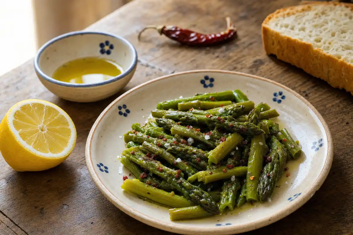 Piatto rustico di asparagi conditi con olio, sale grosso e peperoncino, con limone, pane e ciotola d’olio