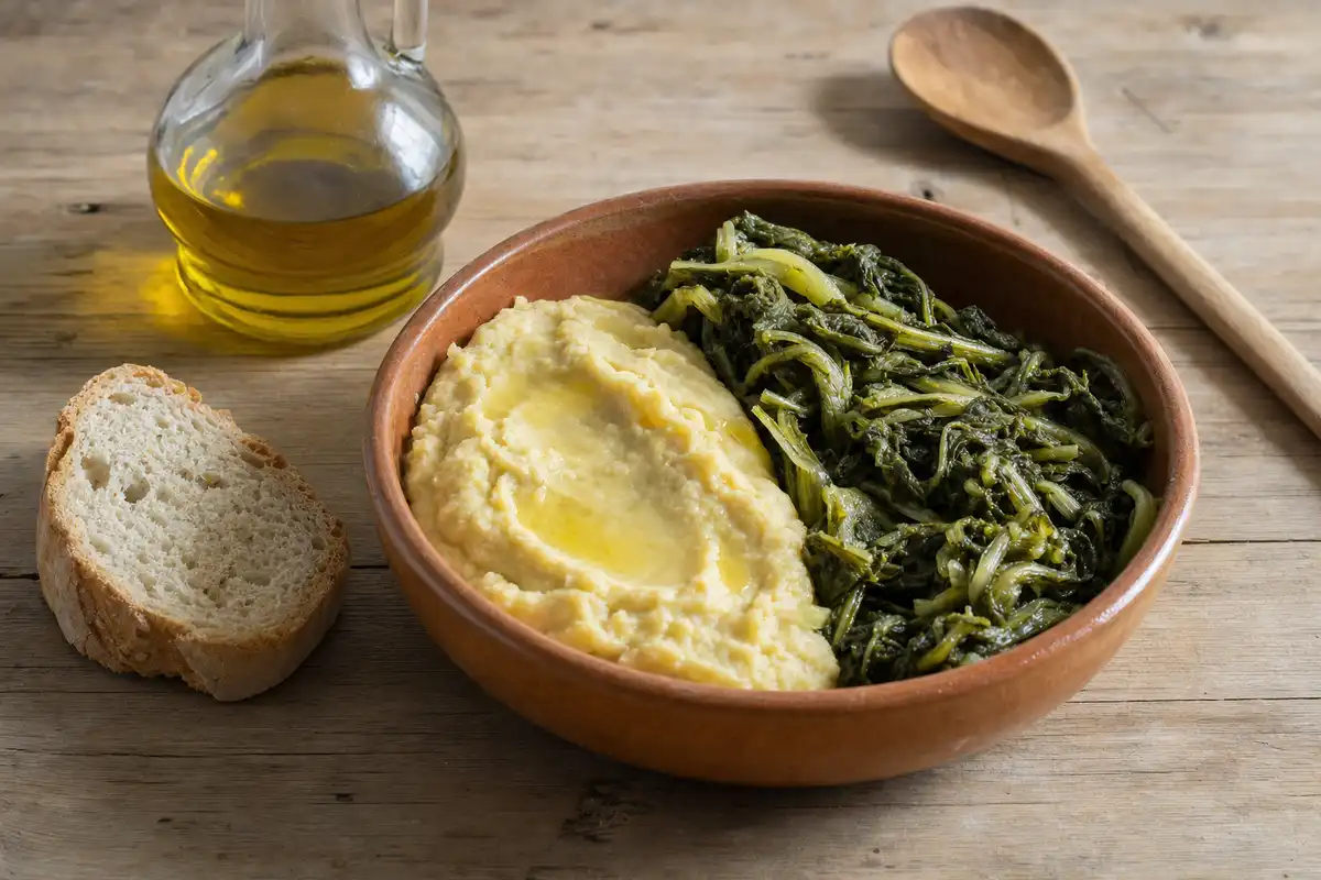 Ciotola di fave e cicorie con olio d’oliva, pane rustico e bottiglia di olio su tavolo di legno