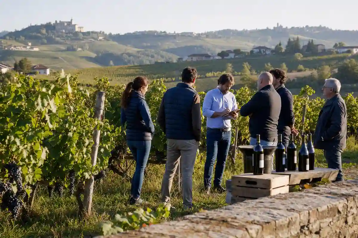 Produttori riuniti tra i filari di un vigneto collinare, con un taccuino e bottiglie di vino su un tavolo