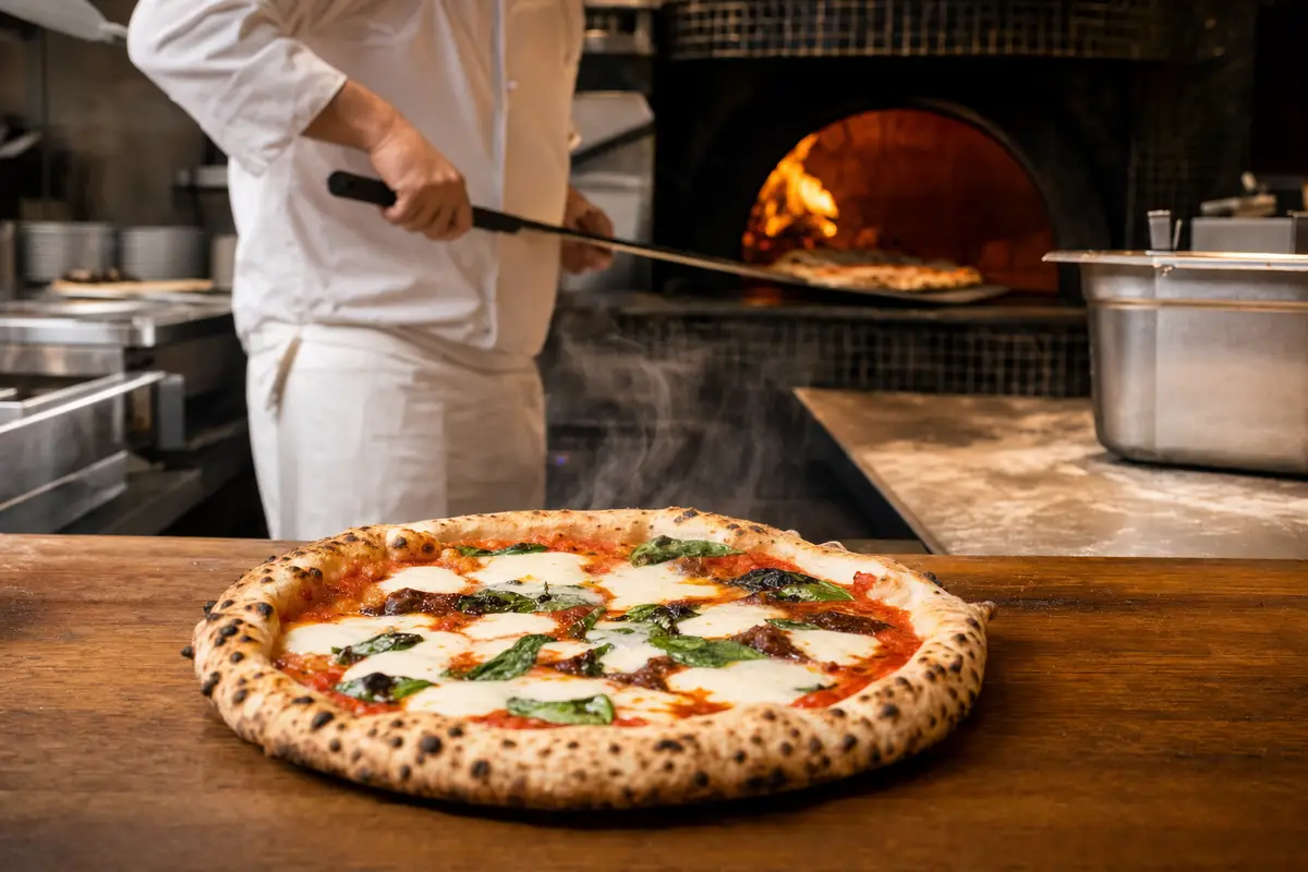 Pizza appena sfornata su banco di legno, con pizzaiolo e forno a legna acceso sullo sfondo