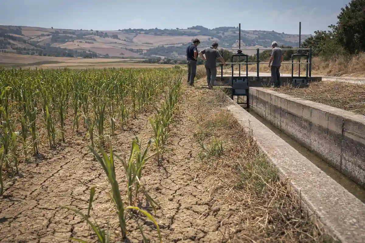 Campo coltivato con terreno arido e crepato accanto a un canale irriguo in cemento quasi vuoto, con tre tecnici al lavoro
