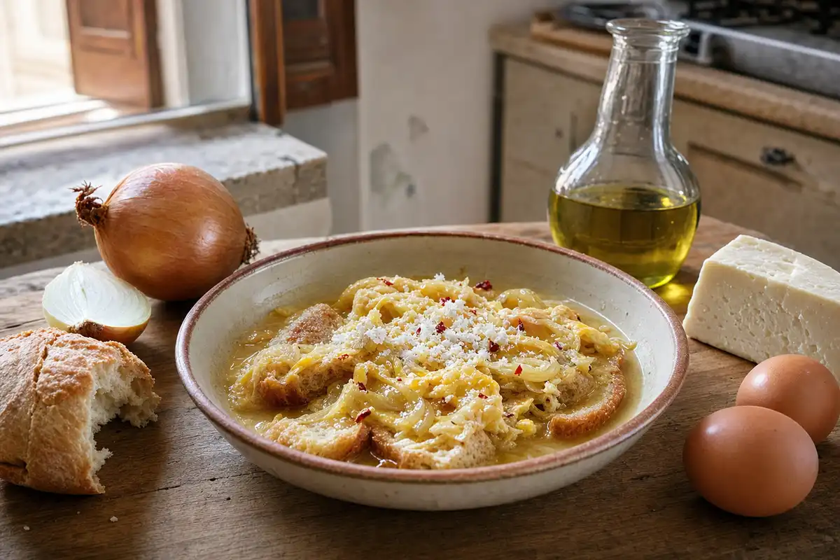 Ciotola di acquasale con pane, uova e cipolla su tavolo di legno, con olio, uova, pane e ricotta salata