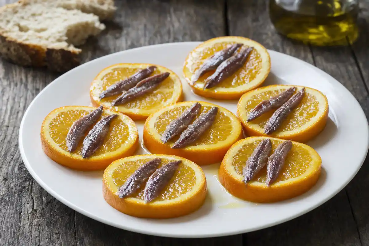 Fette di arancia con due filetti di alici e un filo d’olio su piatto bianco, su tavolo rustico