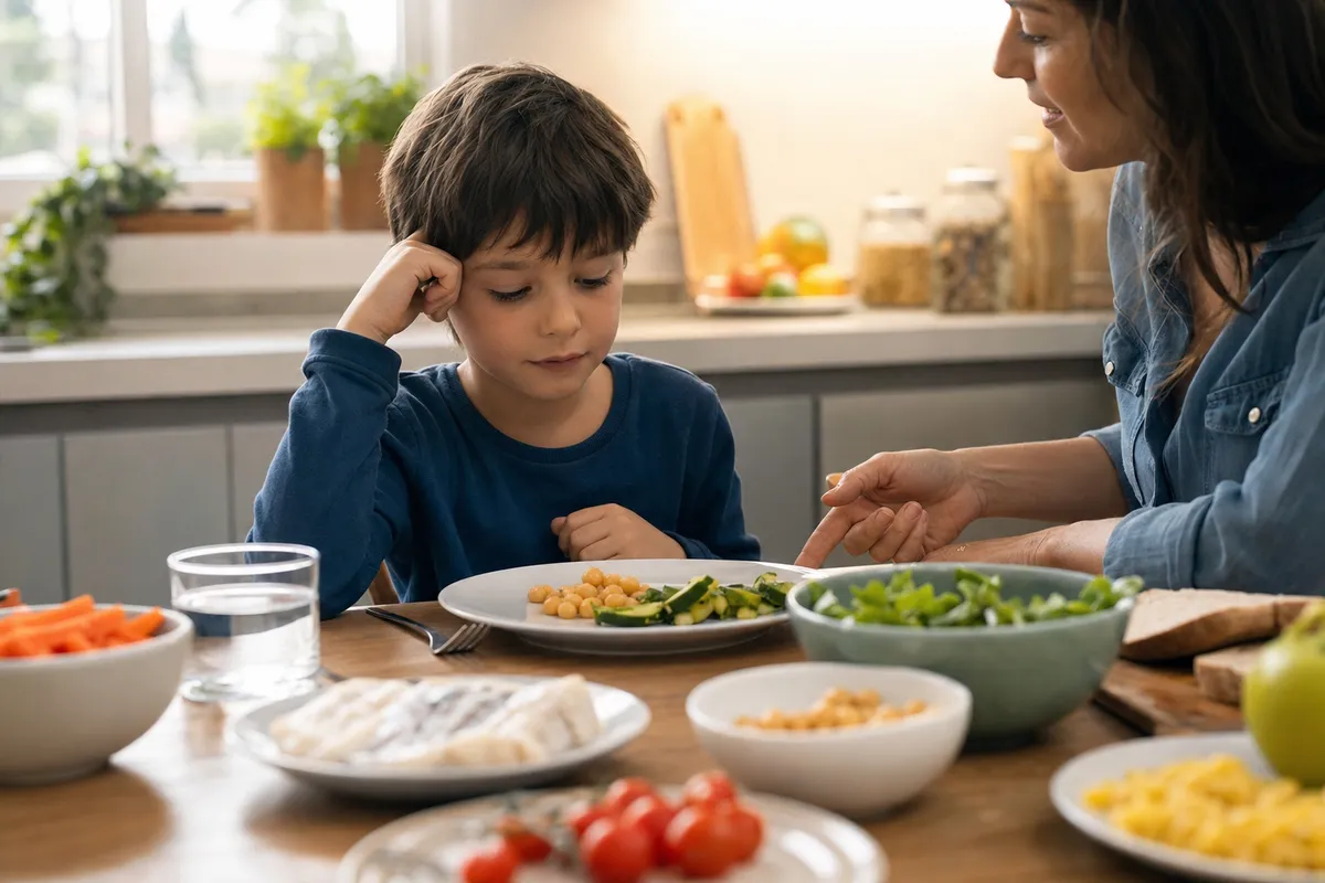 Bambino a tavola in cucina guarda con cautela ceci e verdure nel piatto mentre un’adulta lo incoraggia