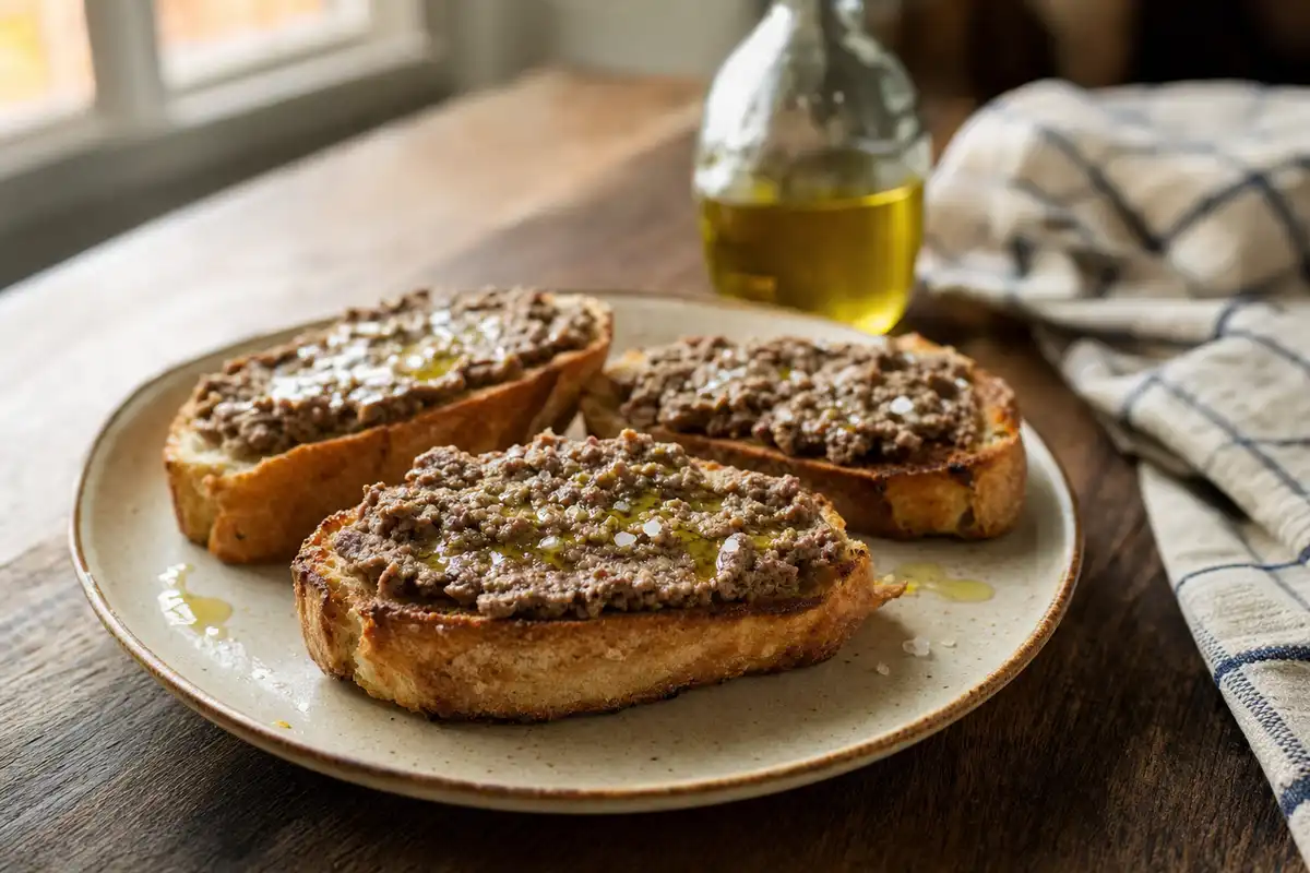 Tre bruschette con salsiccia di fegato su piatto in ceramica, con olio e sale, su tavolo di legno