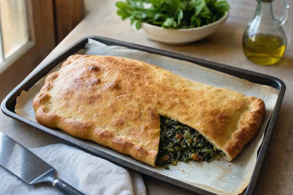 Calzone alle erbette dorato in teglia con carta forno, con un angolo aperto che mostra ripieno verde e uvetta