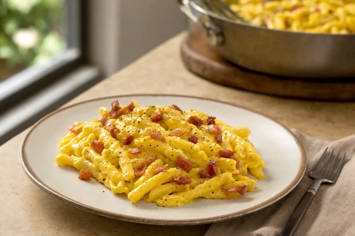 Piatto di cannarozzetti con crema gialla allo zafferano, guanciale croccante e pepe nero, con forchetta a lato