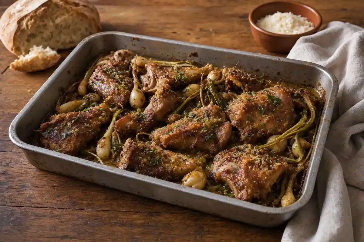 Teglia di capretto al forno con muscari, crosta di pangrattato e prezzemolo su tavolo rustico