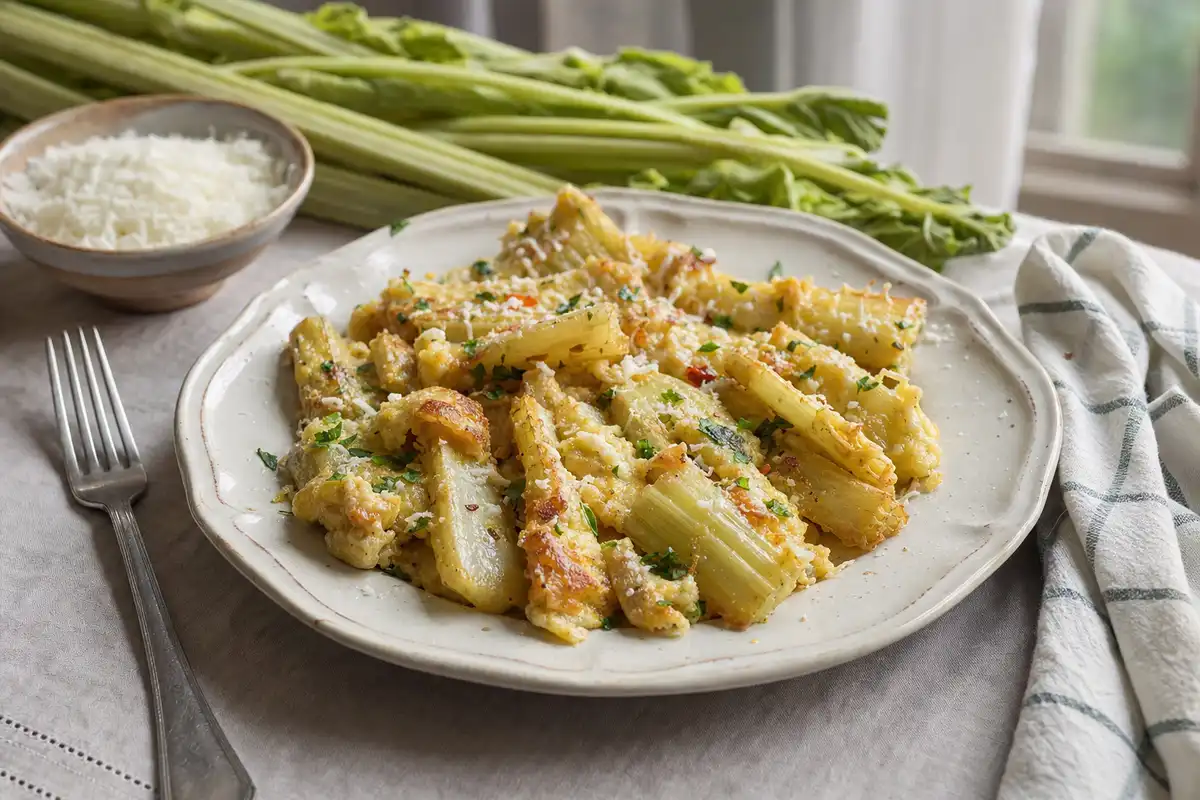Cardi con le uova dorati in un piatto rustico, con pecorino grattugiato e prezzemolo, su tavolo da cucina