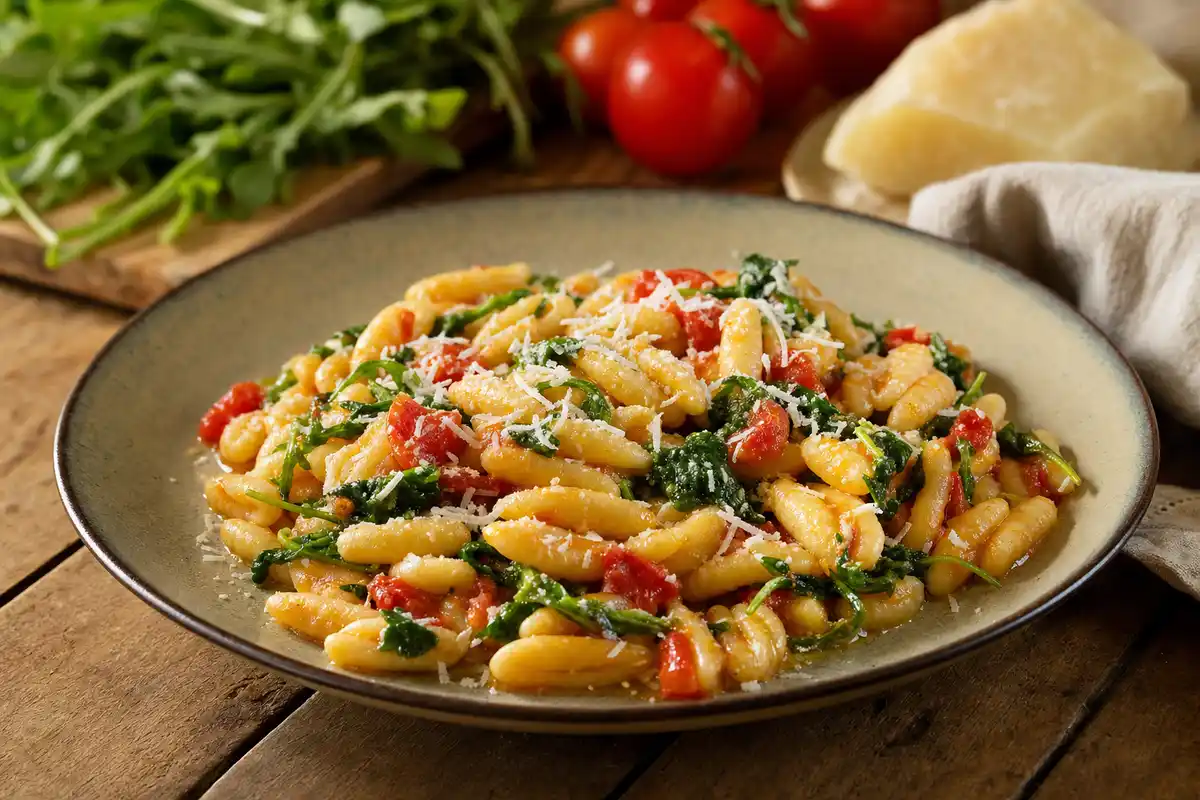 Piatto di cavatelli con rucola, pomodorini e pecorino grattugiato su tavolo di legno rustico