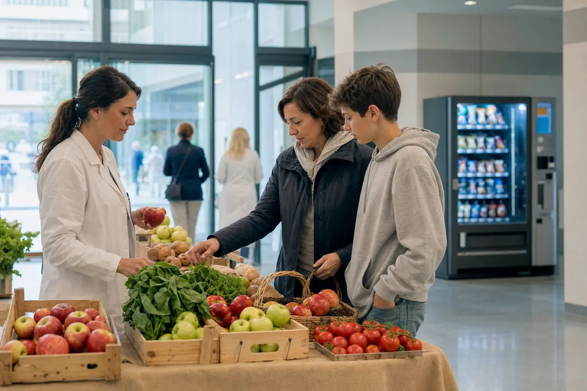 Banco di frutta e verdura in un ospedale con operatrice sanitaria, madre e adolescente; sullo sfondo un distributore