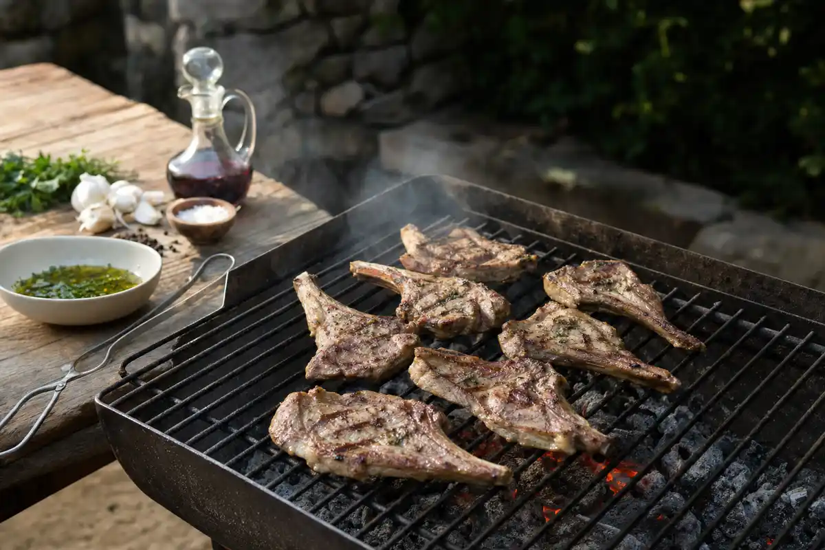 Costolette di agnello alla griglia su brace con fumo leggero, accanto olio, prezzemolo, aglio e aceto