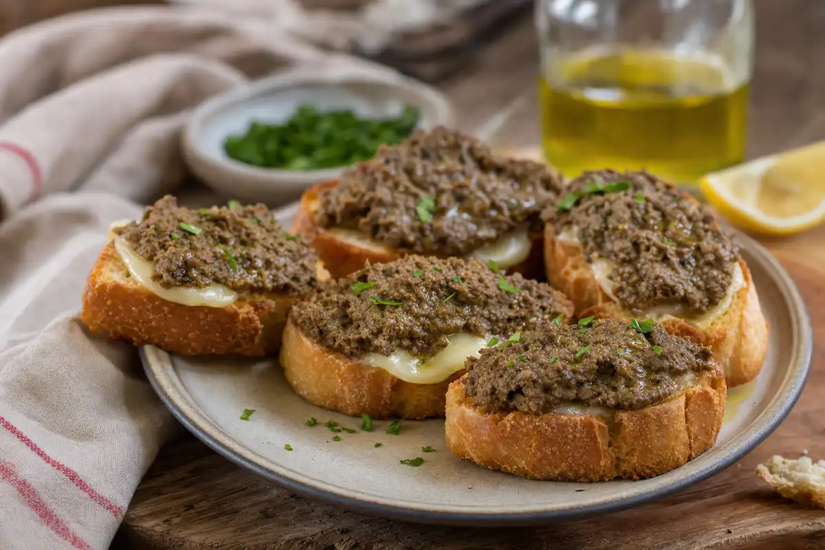 Crostini con crema di fegatini e formaggio fuso su piatto rustico, con olio d’oliva, limone e prezzemolo
