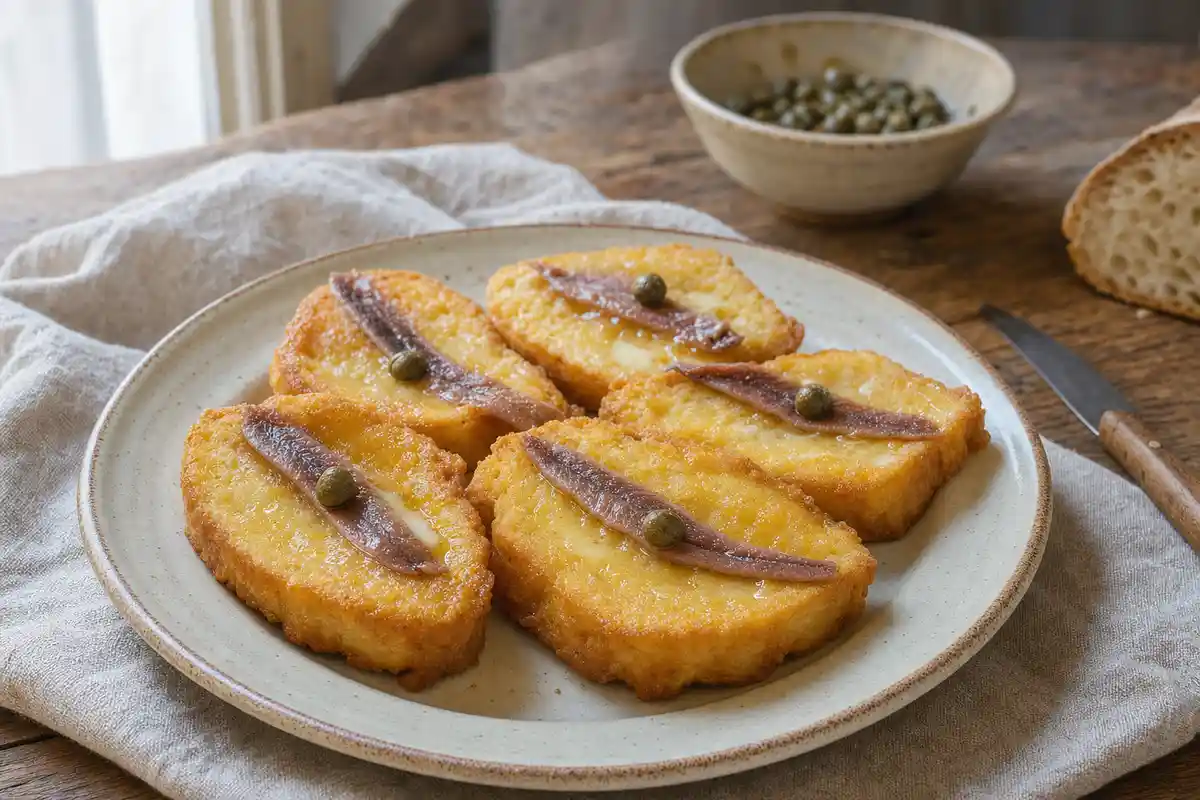 Crostini dorati con burro, filetto di alice e cappero su piatto di ceramica su tavolo rustico