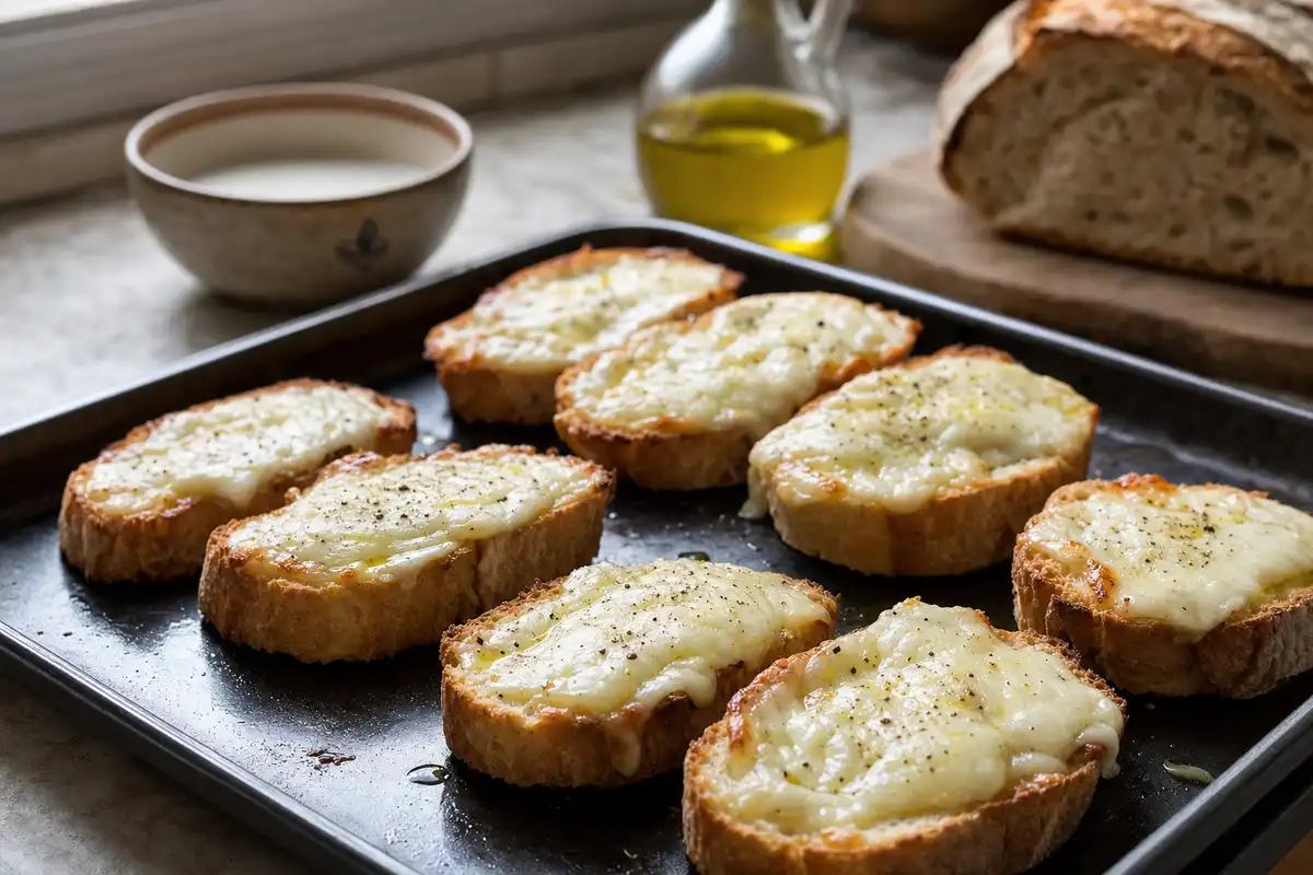 Crostini con scamorza fusa e pepe su teglia da forno, con bottiglia d’olio, ciotola di latte e pane sullo sfondo