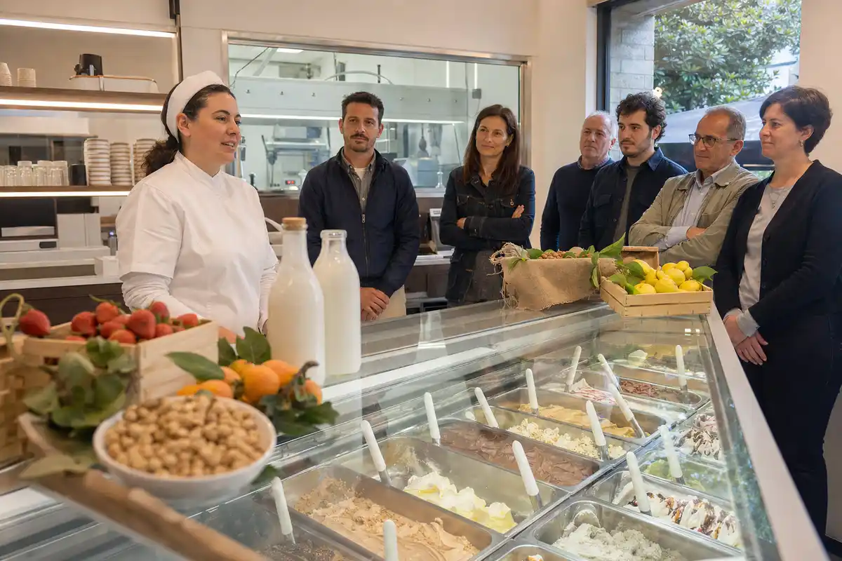 Gelatiera in divisa parla a un gruppo dietro il banco con vaschette di gelato e ingredienti freschi in vista