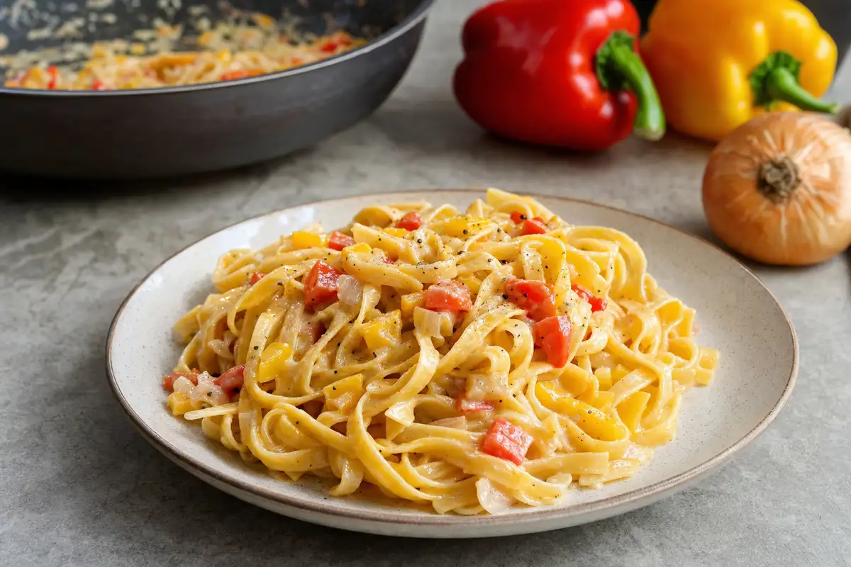 Piatto di fettuccine cremose con peperoni rossi e gialli, cipolla e pepe nero su tavolo da cucina