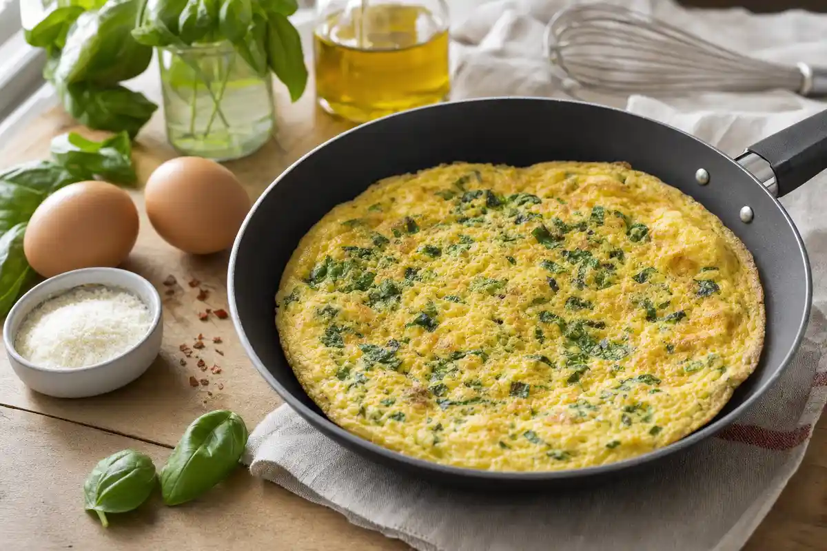 Frittata al basilico dorata in padella antiaderente, con uova, basilico fresco e ciotolina di pecorino sul tavolo