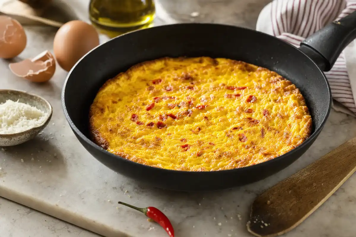 Frittata dorata con peperoncino in padella antiaderente, con uova, pecorino grattugiato e olio sullo sfondo