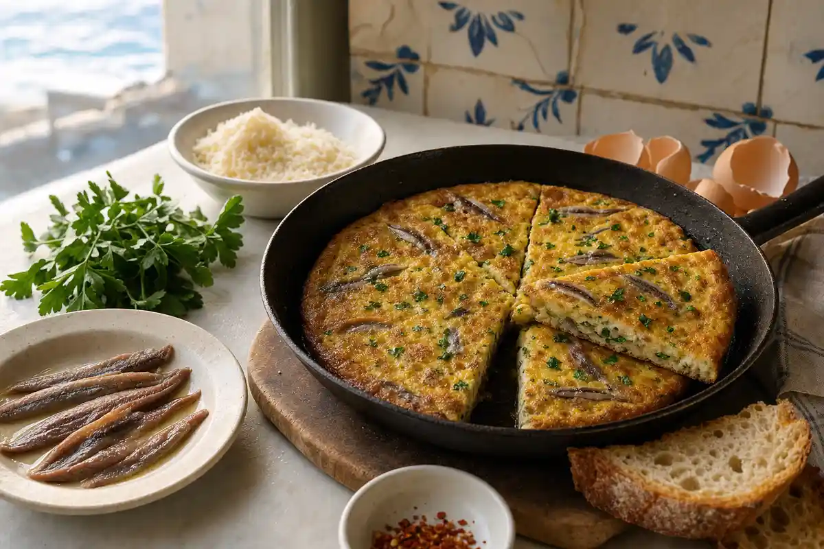 Frittata di alici in padella di ferro, tagliata a spicchi, con filetti visibili e prezzemolo; pane e ingredienti accanto