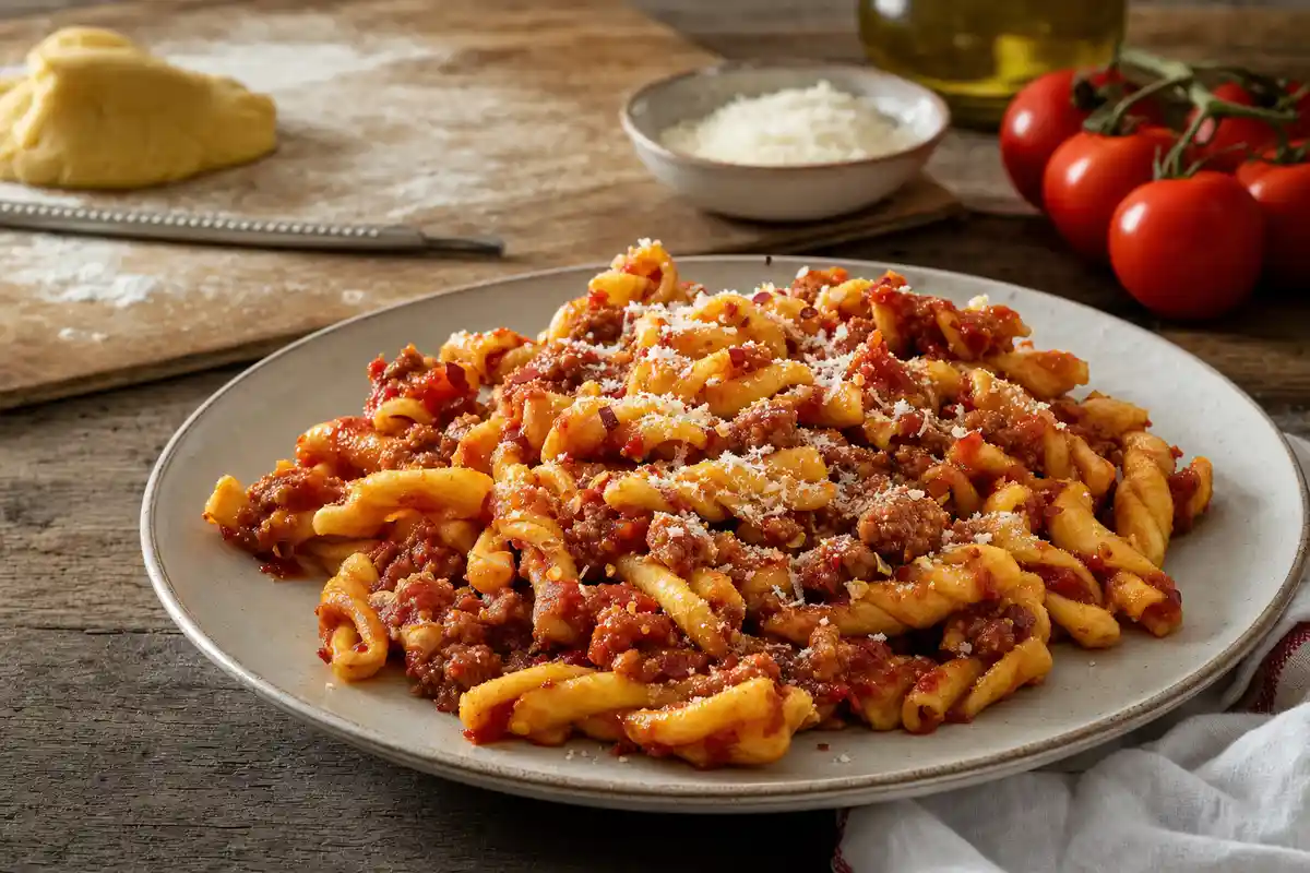 Piatto di fusilli fatti a mano con sugo di pomodoro e salsiccia, spolverati di formaggio, su tavolo rustico