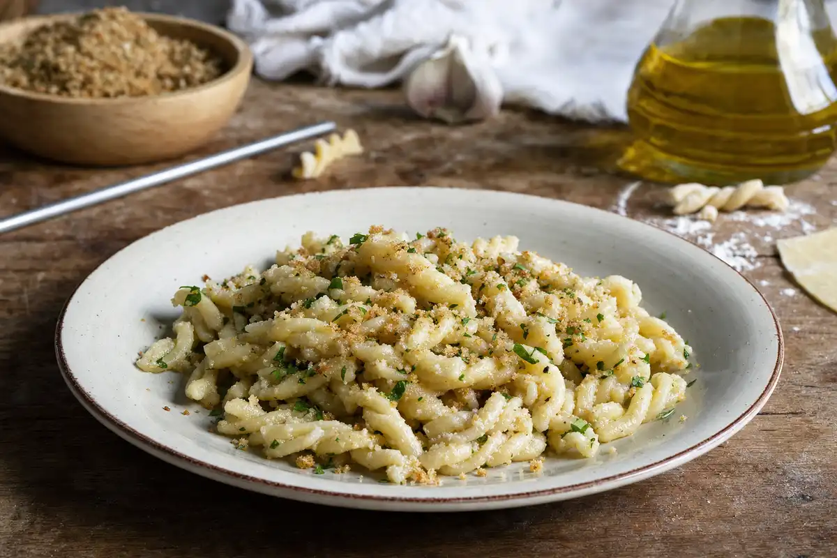 Piatto di fusilli con mollica tostata e prezzemolo su tavolo di legno, con olio e aglio sullo sfondo