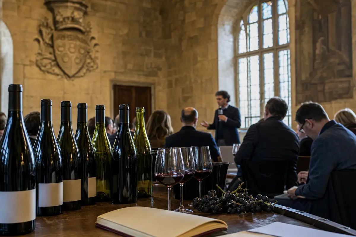 Bottiglie di vino senza etichetta e calici di rosso su un tavolo, con platea e relatore in una sala storica
