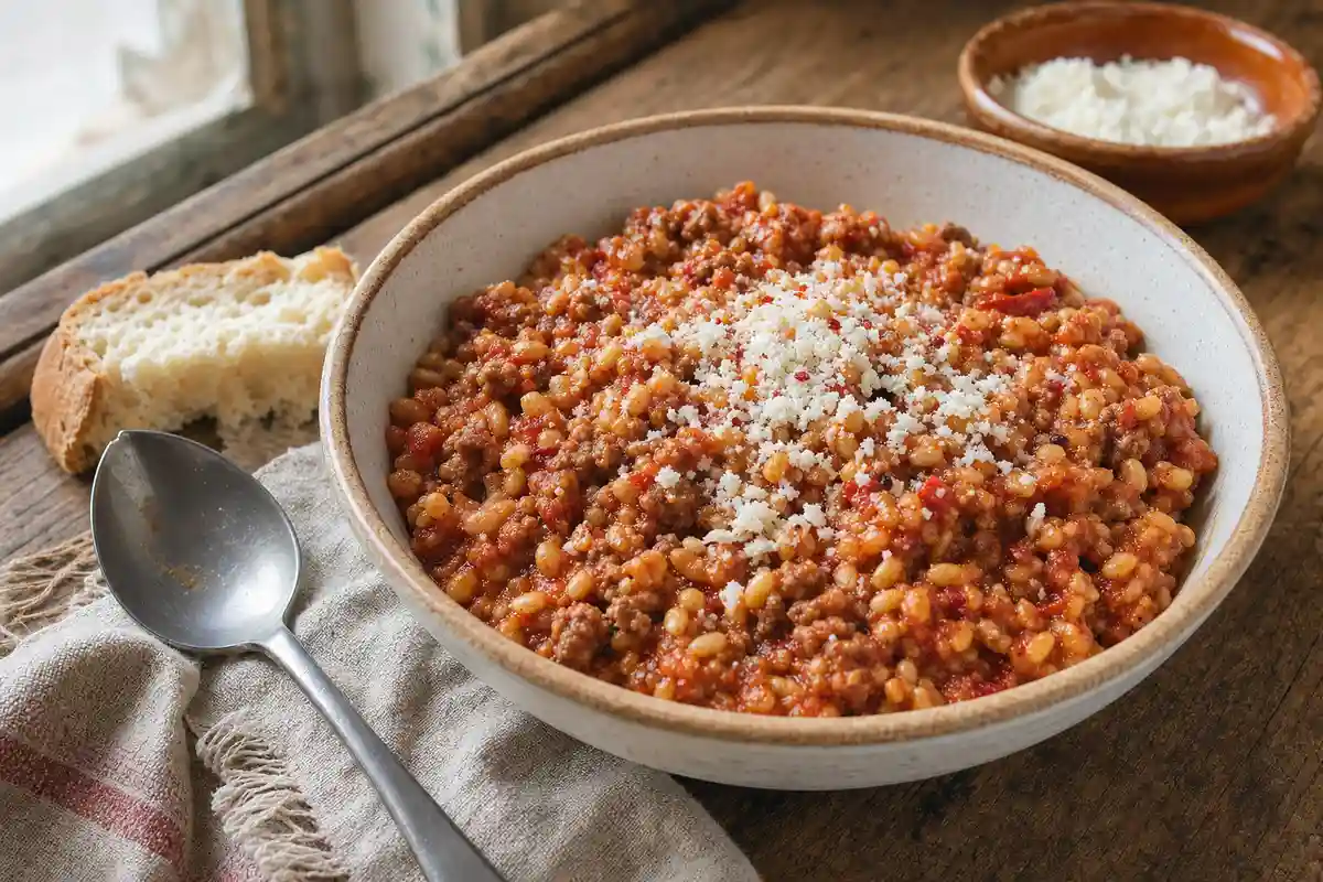 Ciotola di grano al sugo con ragù di pomodoro e carne, ricotta salata grattugiata, pane rustico e cucchiaio su tavolo in
