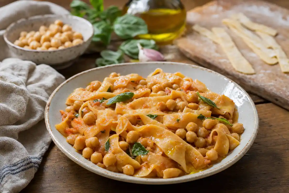 Ciotola di lagane e ceci con pomodoro, basilico e olio su tavolo di legno rustico