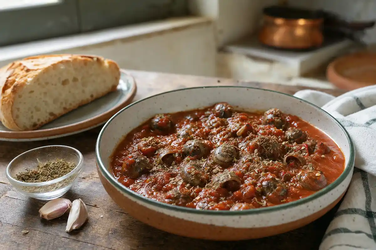 Ciotola di lumache al pomodoro con origano, con pane rustico, aglio e spezie su tavolo di legno