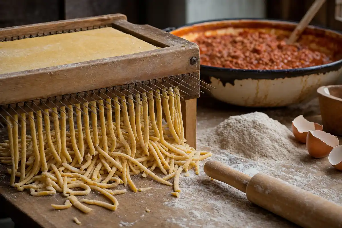 Maccheroni alla chitarra appena tagliati su telaio di legno, con farina, mattarello e ragù sullo sfondo