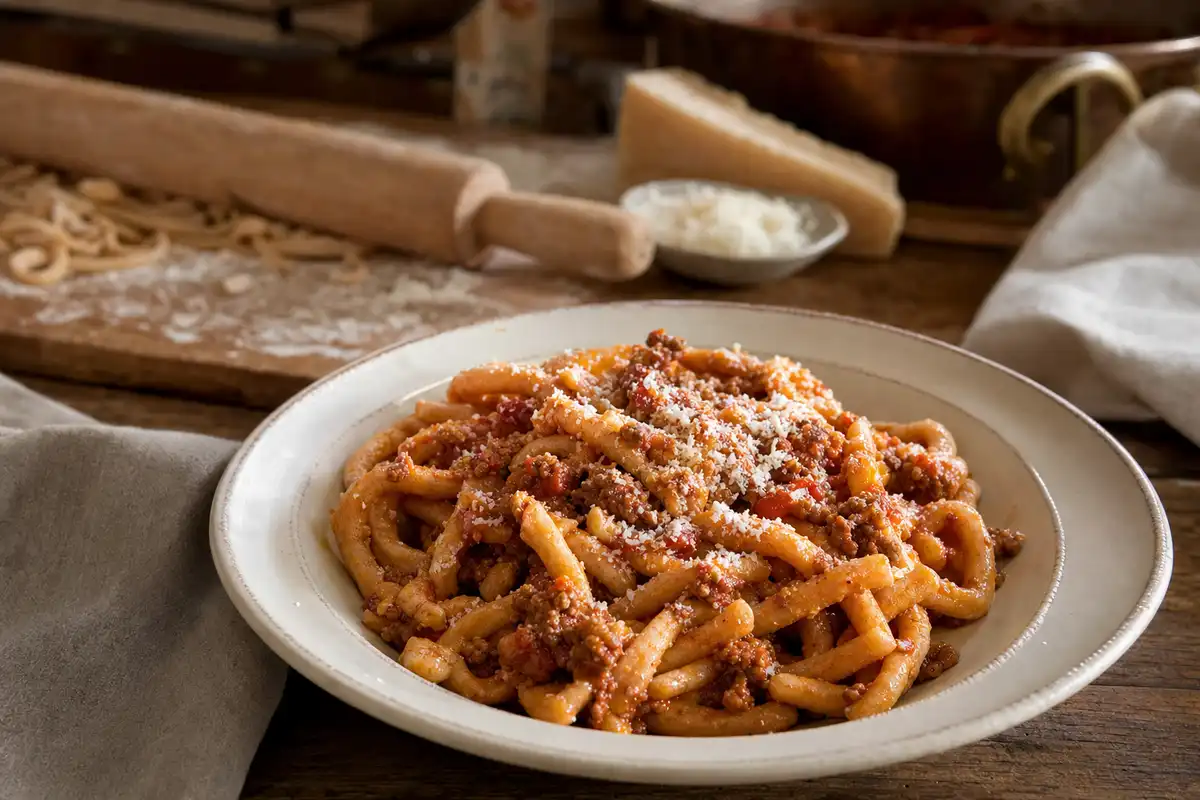 Piatto di maccheroni al ragù con pecorino grattugiato su tavolo rustico, con mattarello e farina sullo sfondo