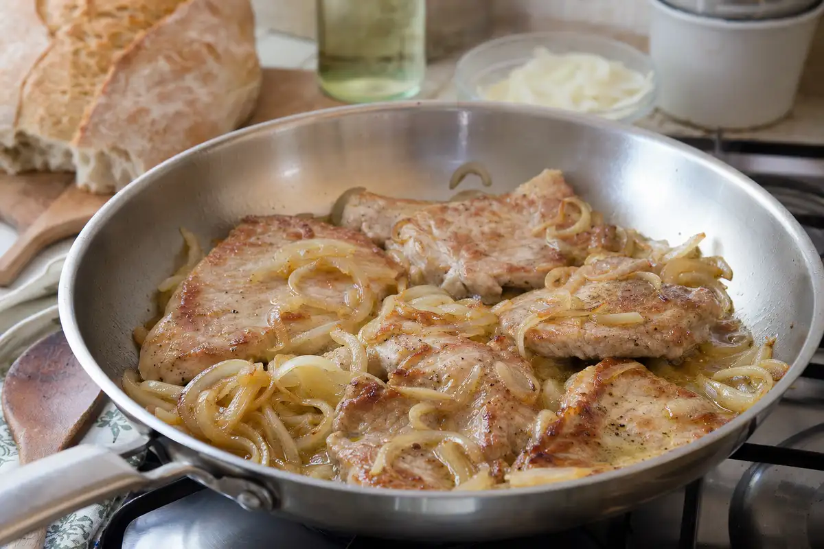 Fettine di maiale rosolate con cipolle in padella sul fornello, con fondo di cottura lucido
