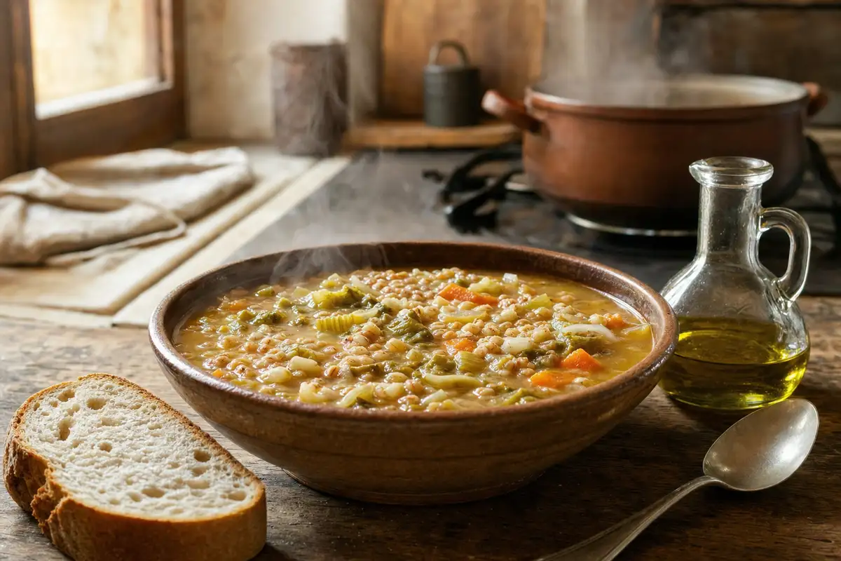 Ciotola di minestra al farro fumante con verdure, pane rustico, cucchiaio e olio extravergine sul tavolo