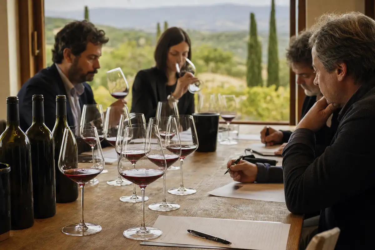 Degustazione di vini rossi con calici, bottiglie e schede di assaggio su un tavolo, con vigneti sullo sfondo