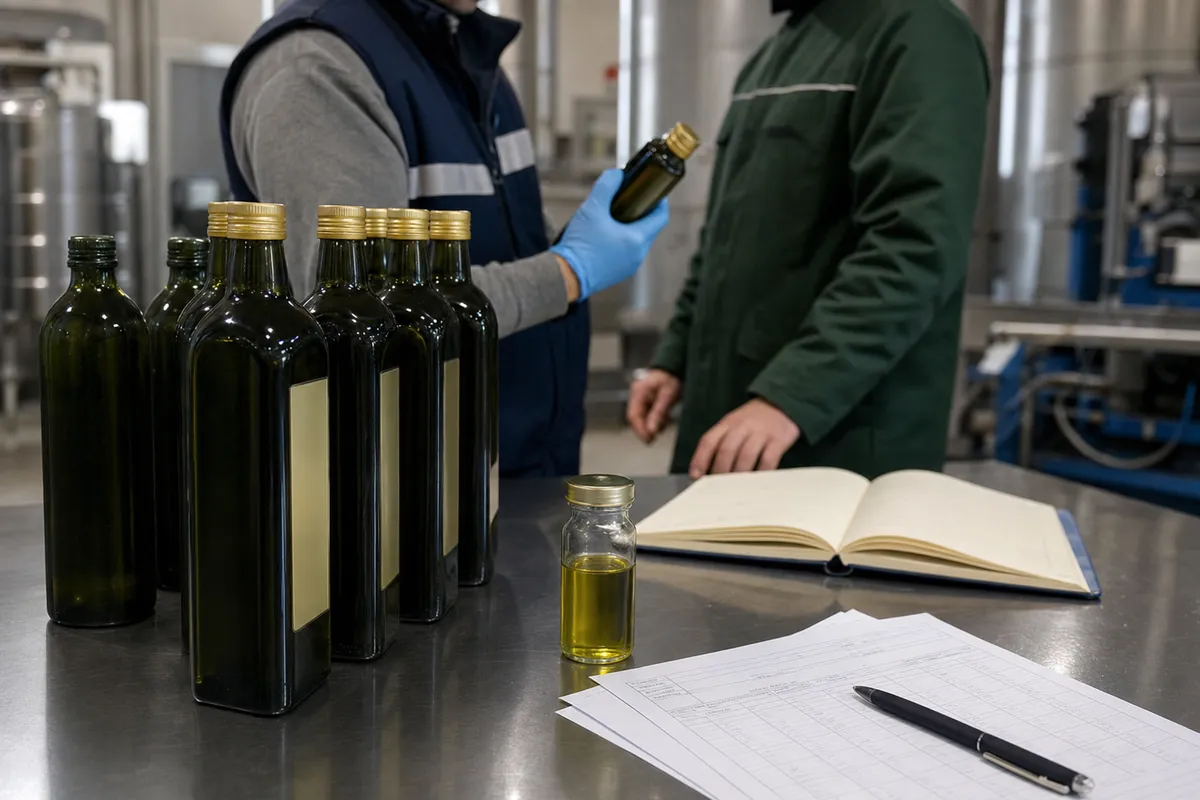 Bottiglie di olio su tavolo in acciaio con campione, moduli e taccuino, mentre un addetto controlla una bottiglia