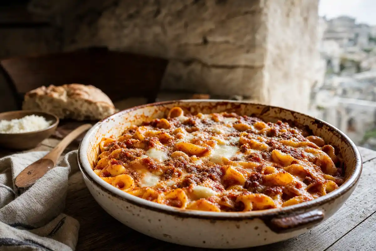 Tegame di orecchiette al forno con sugo di pomodoro e mozzarella fusa su tavolo di legno, con pane e formaggio