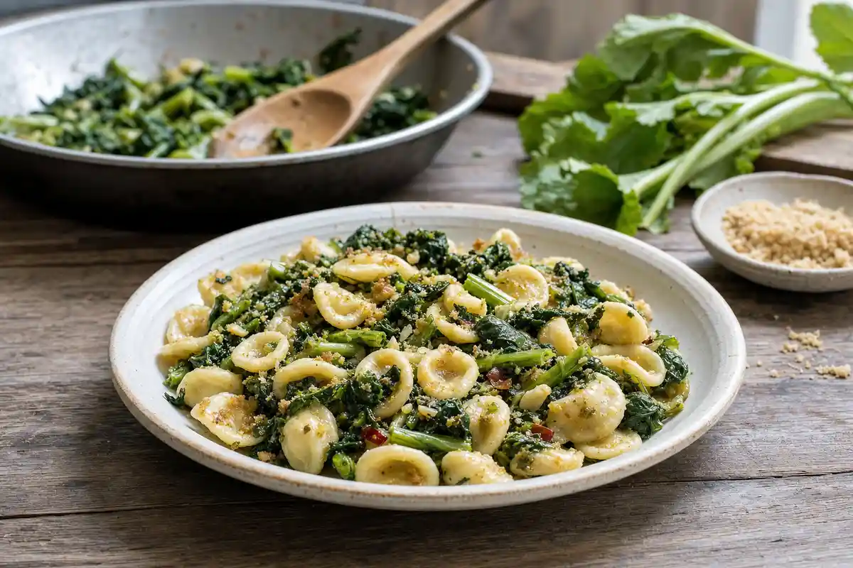 Piatto di orecchiette con cime di rapa e pangrattato su tavolo rustico, con padella e cucchiaio sullo sfondo