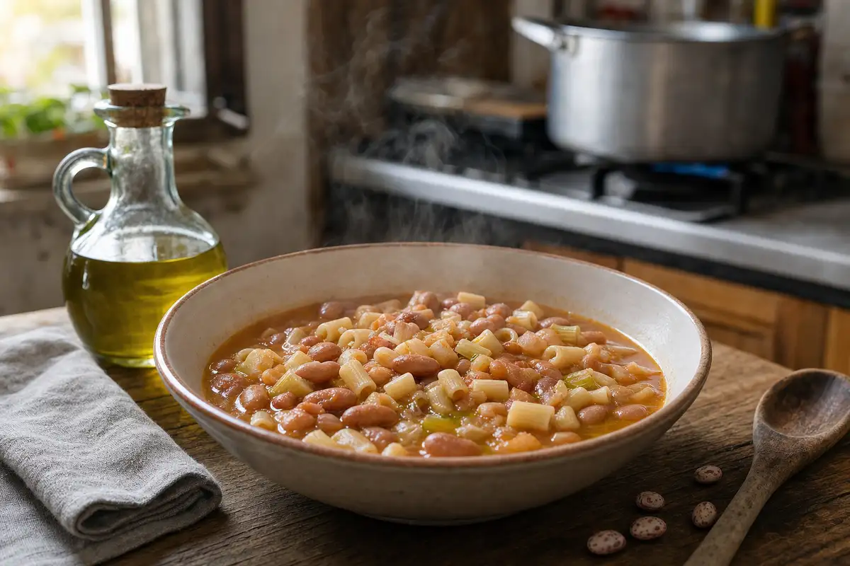 Ciotola di pasta e fagioli fumante su tavolo di legno, con bottiglia d’olio, canovaccio e cucchiaio