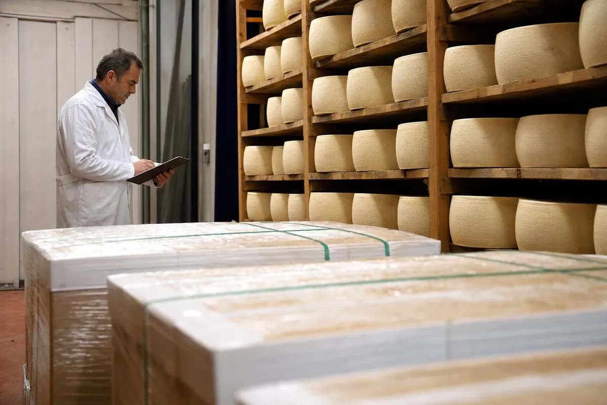 Addetto in camice controlla documenti accanto a pallet imballati e scaffali di forme di pecorino in magazzino