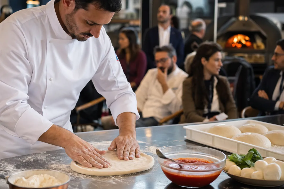 Pizzaiolo in giacca bianca stende un disco di pasta su banco inox, con salsa di pomodoro e basilico accanto