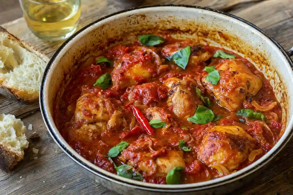 Tegame con pezzi di pollo in salsa di pomodoro piccante, basilico e peperoncino, con pane rustico accanto