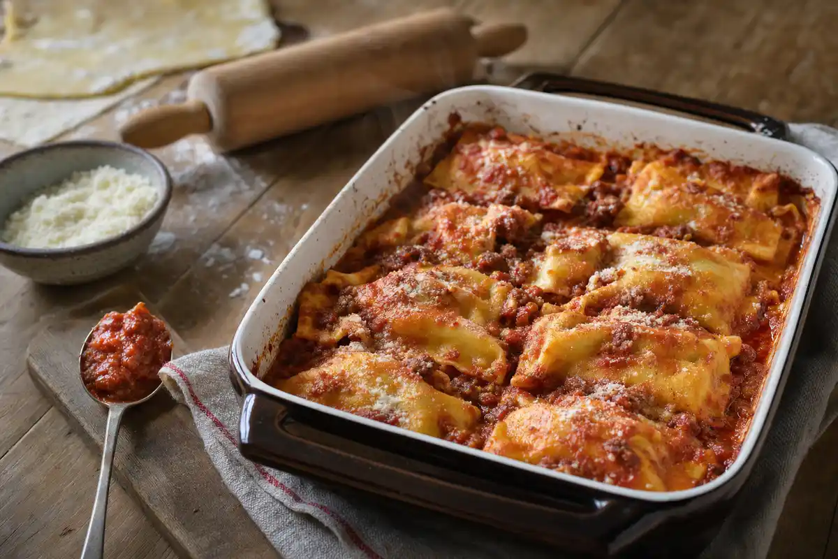 Teglia di pasta ripiena al forno con ragù di pomodoro e parmigiano su tavolo di legno, con matterello e farina