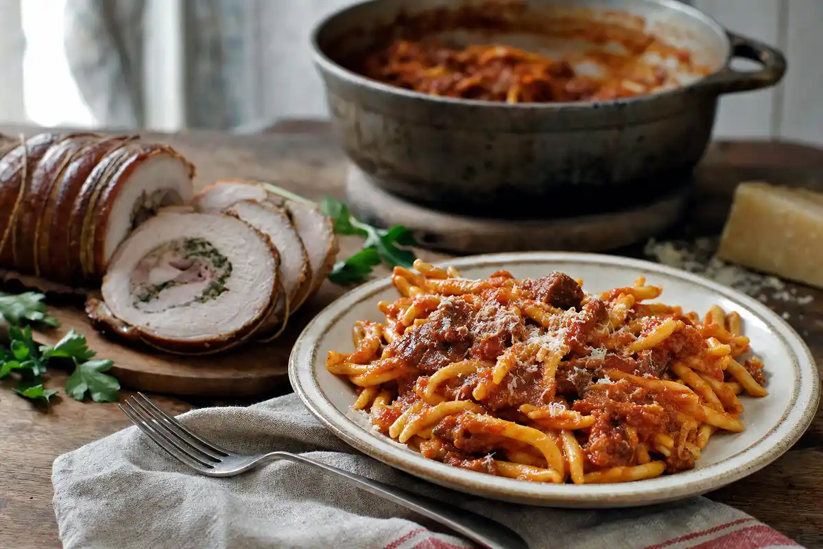 Pasta con ragù di pomodoro e carne, con pecorino grattugiato, accanto a braciola di maiale a fette e casseruola