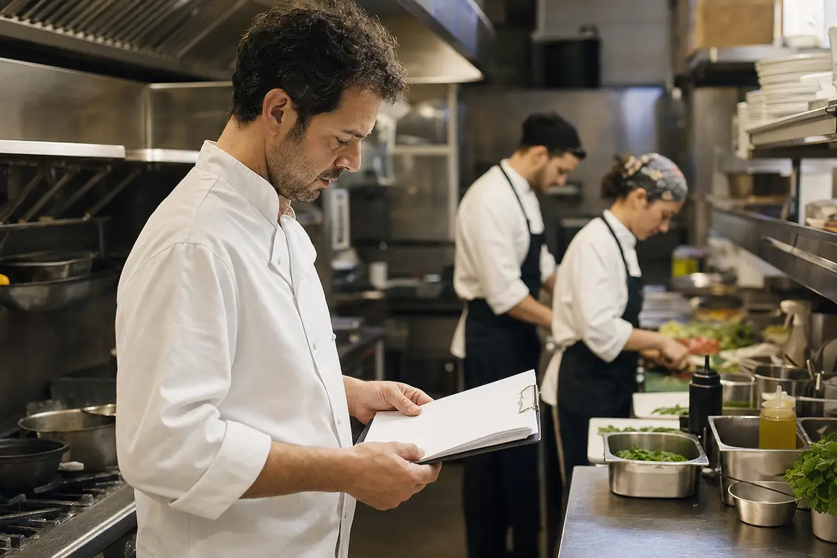 Chef in giacca bianca controlla un documento su clipboard in cucina, mentre due colleghi preparano ingredienti