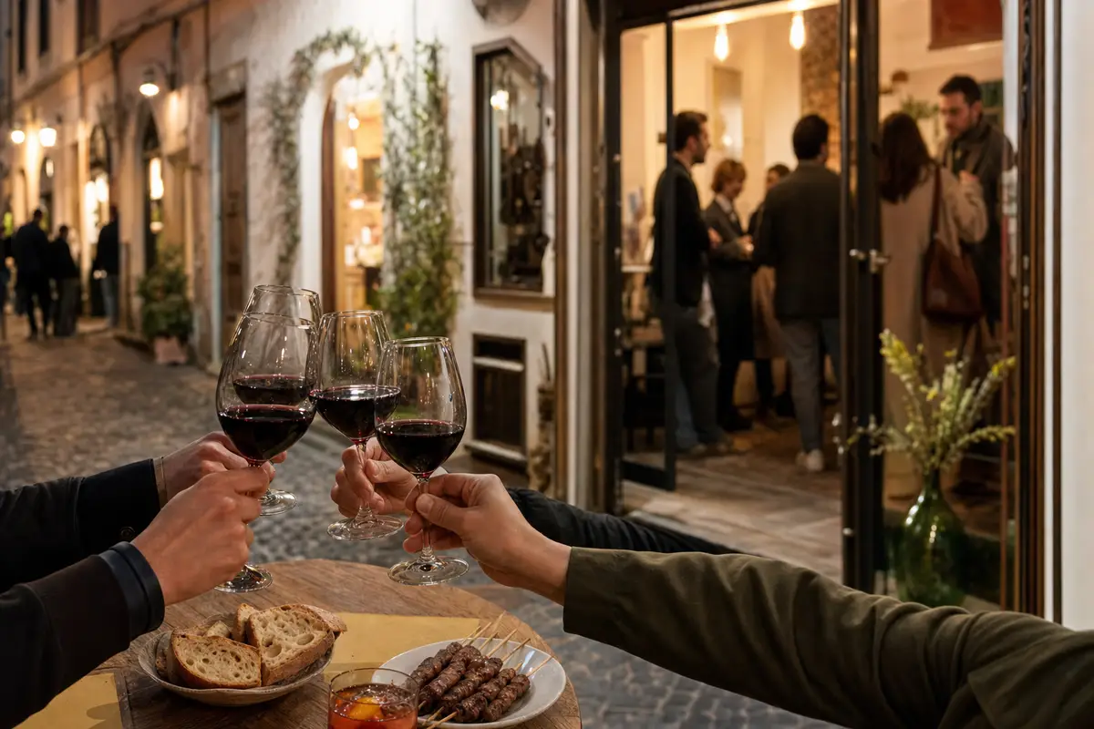 Brindisi con calici di vino rosso su un tavolino all’aperto con arrosticini e pane, davanti a un bistrot illuminato