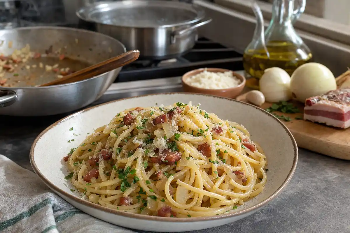 Piatto di spaghetti con pancetta, cipolla e prezzemolo, con padella e ingredienti su un piano cucina sullo sfondo