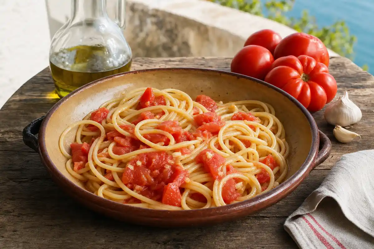 Terrina di spaghetti con pomodori crudi e olio, su tavolo di legno con bottiglia d’olio, aglio e pomodori